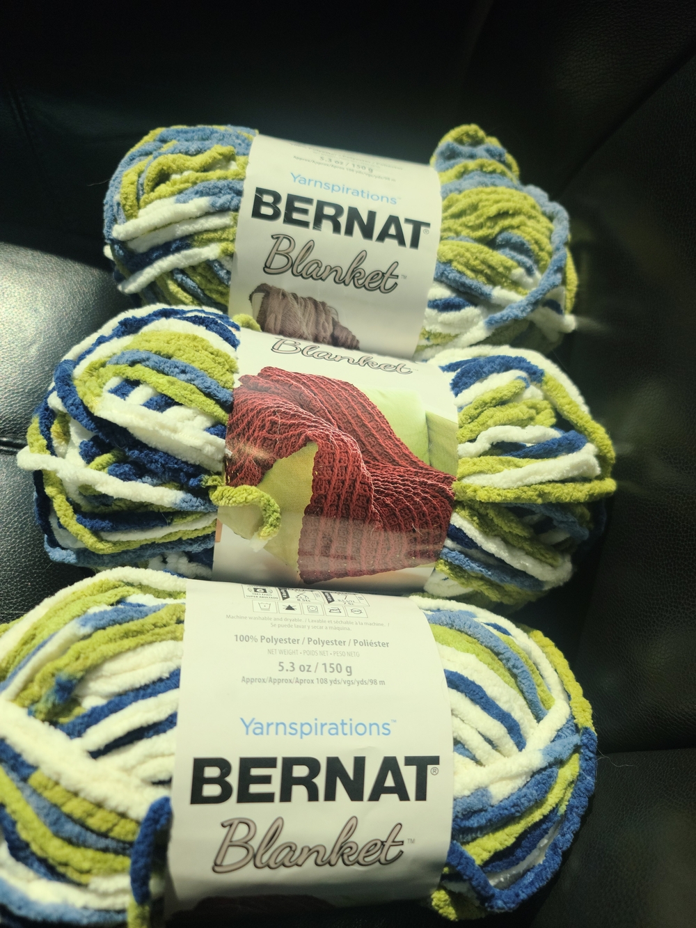 Bernat Blanket Yarn Ball - Blue, Green, White Plush Yarn